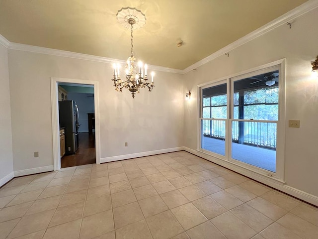 unfurnished dining area featuring an inviting chandelier, light tile patterned floors, and ornamental molding