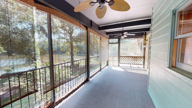 unfurnished sunroom featuring ceiling fan