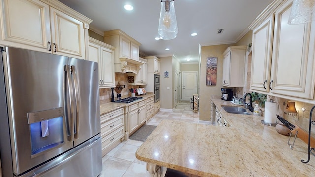 kitchen with sink, decorative light fixtures, ornamental molding, stainless steel appliances, and decorative backsplash