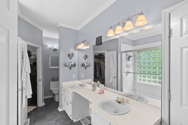 408 Shakespeare Dr, Dothan, AL 36303 - bathroom featuring crown molding, toilet, tile patterned flooring, double vanity, and a stall shower