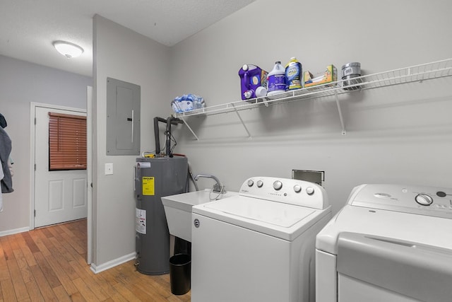 408 Shakespeare Dr, Dothan, AL 36303 - clothes washing area featuring electric water heater, electric panel, washing machine and clothes dryer, light wood-style flooring, and baseboards
