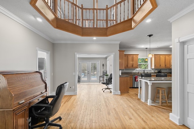 408 Shakespeare Dr, Dothan, AL 36303 - office area featuring light wood-type flooring, ornamental molding, french doors, baseboards, and recessed lighting