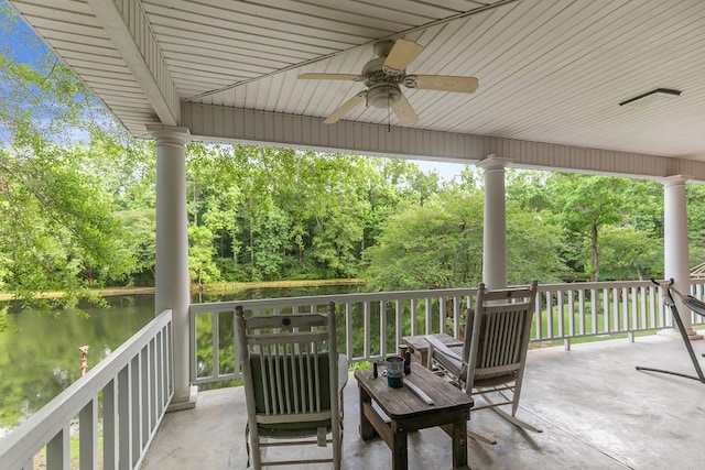 408 Shakespeare Dr, Dothan, AL 36303 - view of patio / terrace with ceiling fan, a water view, and view of scattered trees