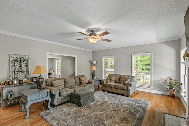 408 Shakespeare Dr, Dothan, AL 36303 - living area with a ceiling fan, plenty of natural light, crown molding, light wood-style floors, and a textured ceiling