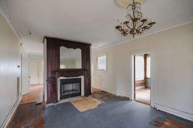 unfurnished living room featuring crown molding and a chandelier