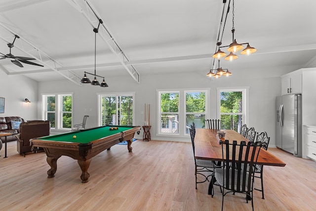 recreation room with ceiling fan, light hardwood / wood-style floors, a wealth of natural light, and billiards