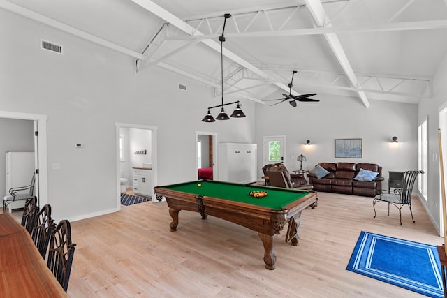 game room featuring ceiling fan, high vaulted ceiling, light hardwood / wood-style floors, and pool table