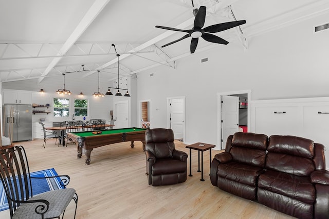 rec room featuring ceiling fan, light hardwood / wood-style flooring, lofted ceiling with beams, and billiards