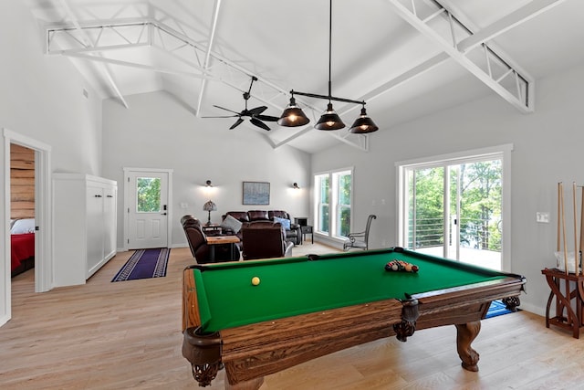 playroom with high vaulted ceiling, ceiling fan, light wood-type flooring, and billiards