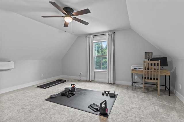 246 Suggs Rd, Dothan, AL 36345 - workout room with vaulted ceiling, ceiling fan, and carpet floors