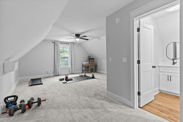 246 Suggs Rd, Dothan, AL 36345 - exercise room featuring a ceiling fan, lofted ceiling, and carpet floors