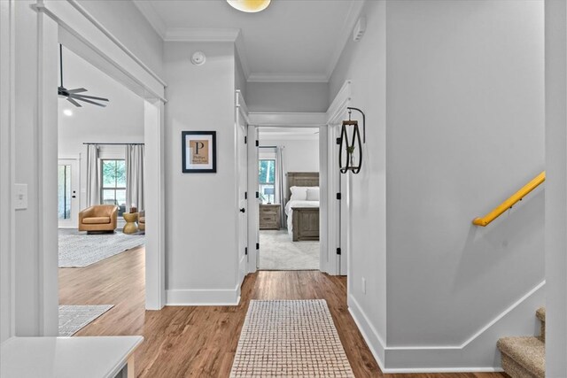 246 Suggs Rd, Dothan, AL 36345 - corridor featuring crown molding, wood finished floors, and stairway