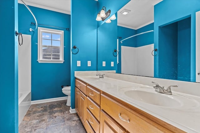 full bathroom with toilet, vanity, ornamental molding, and washtub / shower combination