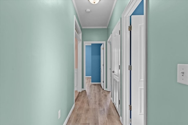 corridor featuring ornamental molding and light hardwood / wood-style flooring