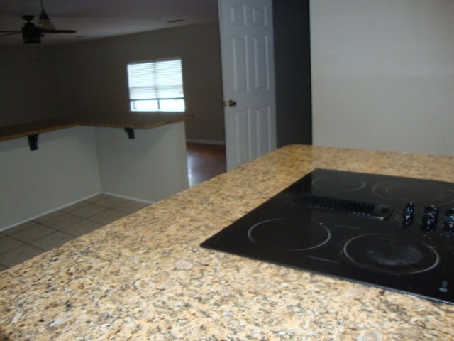 801 Early Walden Rd, Headland, AL 36345 - kitchen featuring black electric stovetop, tile patterned floors, and ceiling fan
