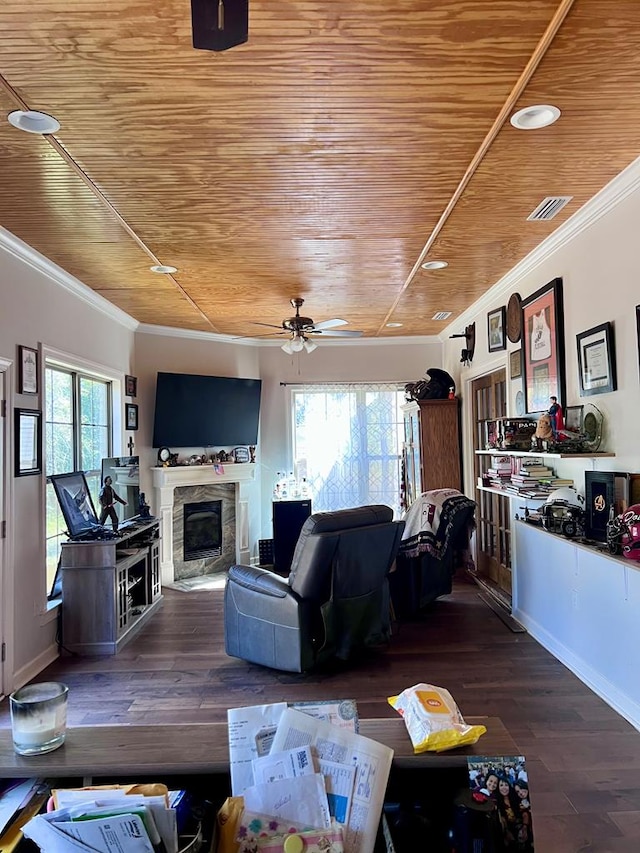 living room with visible vents, wood ceiling, and crown molding