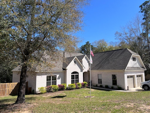 view of front of home featuring brick siding, a garage, a front yard, and fence