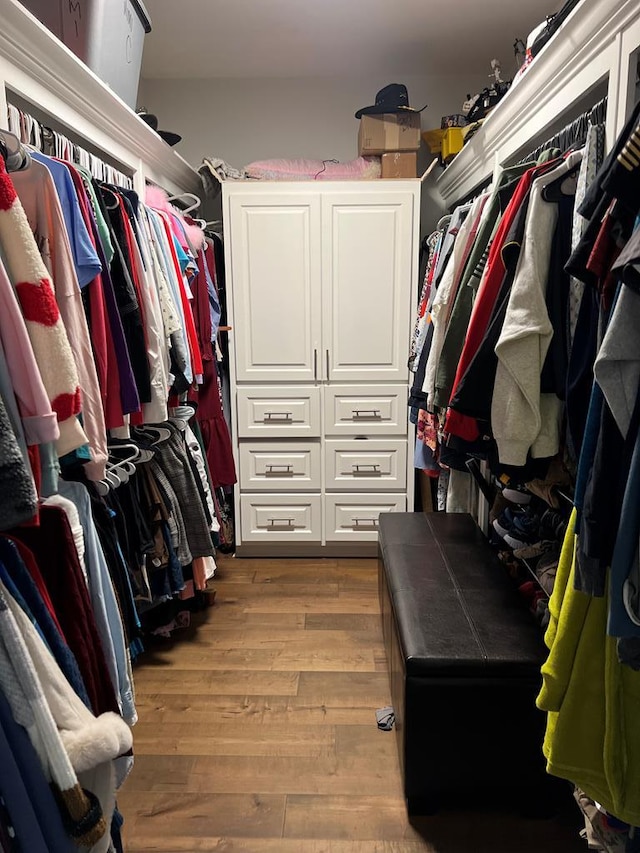 walk in closet with wood finished floors