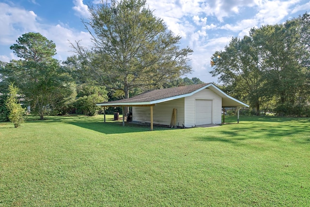 view of yard featuring a carport, an outdoor structure, and a garage