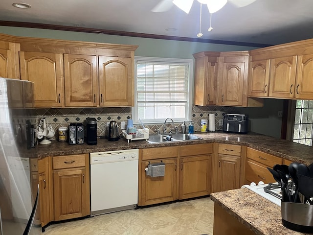 132 Ozark Rd, Abbeville, AL 36310 - kitchen featuring dishwasher, plenty of natural light, ceiling fan, decorative backsplash, and ornamental molding