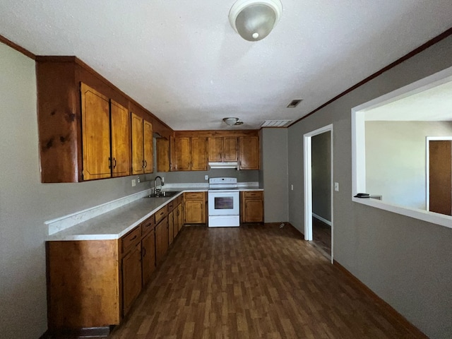 kitchen with brown cabinetry, under cabinet range hood, light countertops, dark wood-style floors, and white range with electric stovetop