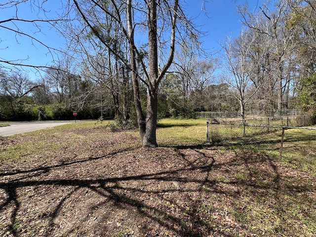 view of yard featuring concrete driveway and fence