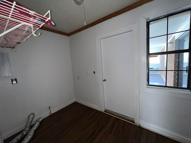 interior space with baseboards, dark wood-style floors, and crown molding