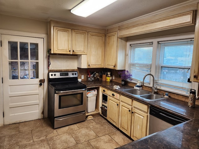 kitchen with appliances with stainless steel finishes, light brown cabinetry, tasteful backsplash, sink, and ornamental molding