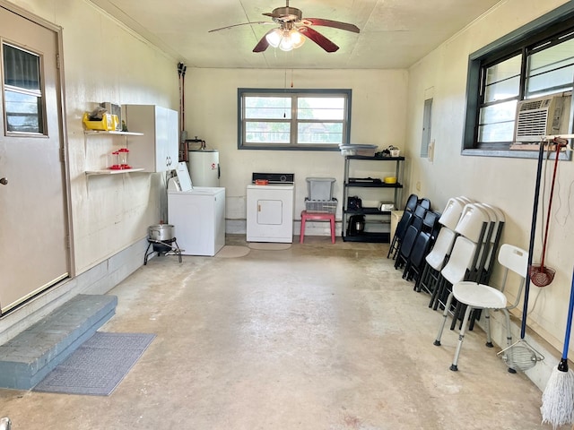 869 Bethlehem Rd, Midland City, AL 36350 - laundry room featuring washing machine and dryer, water heater, a ceiling fan, and cooling unit