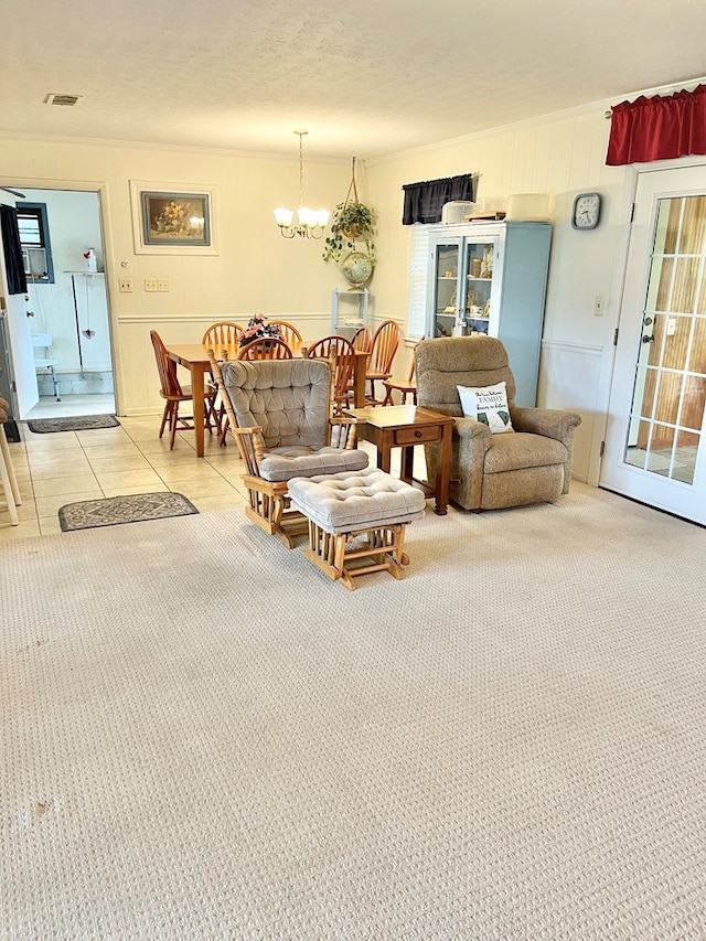 869 Bethlehem Rd, Midland City, AL 36350 - living room with a chandelier, light carpet, and a decorative wall