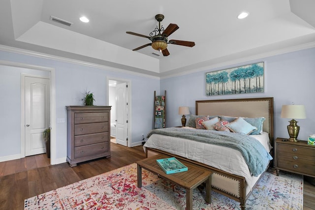 306 Halifax Dr, Dothan, AL 36305 - bedroom with a tray ceiling, wood finished floors, recessed lighting, ornamental molding, and ceiling fan