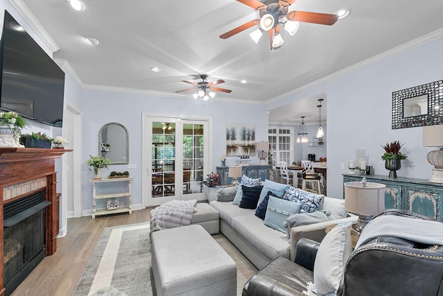 306 Halifax Dr, Dothan, AL 36305 - living room with ceiling fan, a fireplace, recessed lighting, wood finished floors, and ornamental molding