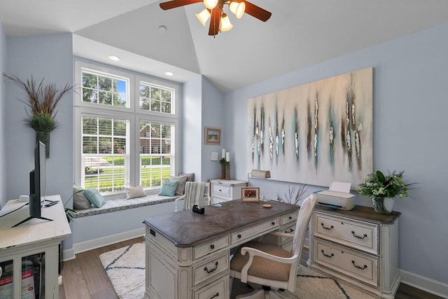 306 Halifax Dr, Dothan, AL 36305 - home office featuring a ceiling fan, wood finished floors, high vaulted ceiling, and recessed lighting