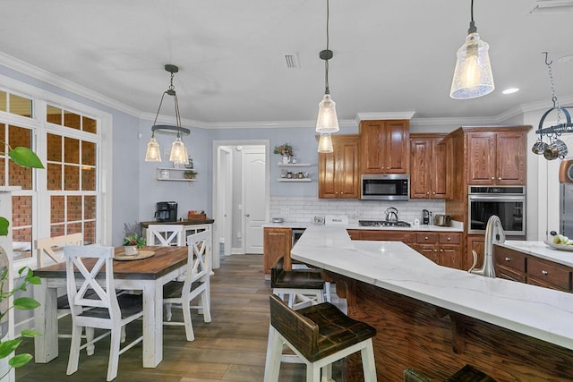 306 Halifax Dr, Dothan, AL 36305 - kitchen with stainless steel appliances, open shelves, dark wood-style floors, ornamental molding, and backsplash