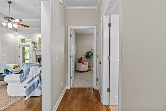 corridor featuring crown molding, hardwood / wood-style flooring, and baseboards