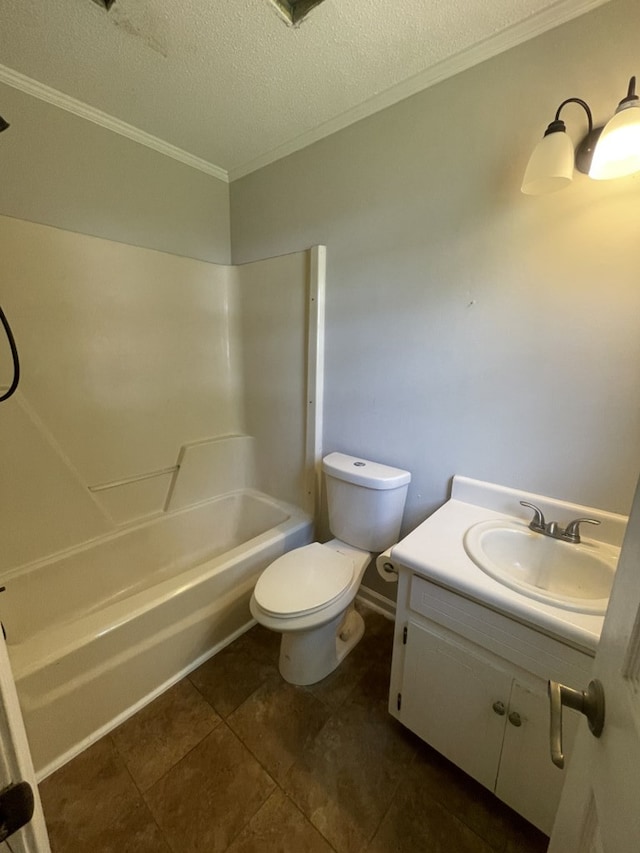 bathroom featuring ornamental molding, toilet, a textured ceiling, vanity, and tub / shower combination