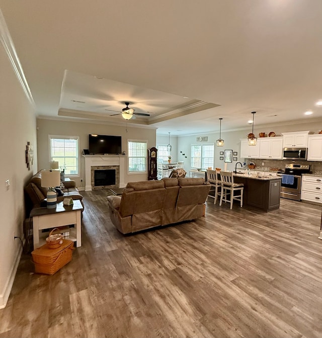 106 Sandpiper Ln, Dothan, AL 36301 - living room featuring crown molding, a tray ceiling, dark wood-style flooring, baseboards, and a ceiling fan