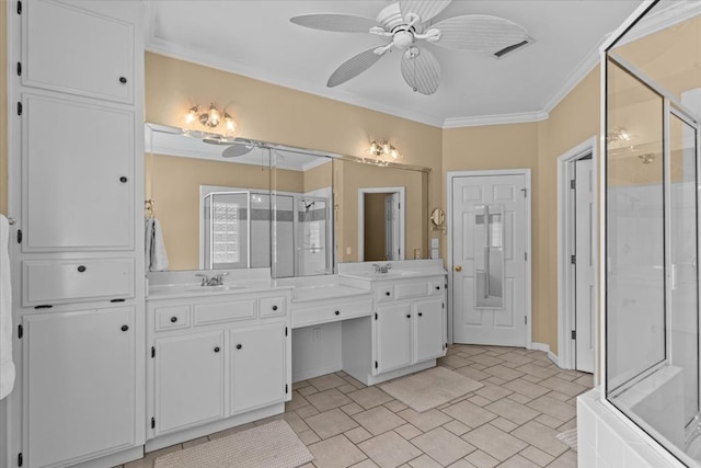 108 Haddington Park Ln, Dothan, AL 36305 - bathroom featuring a shower stall, ceiling fan, double vanity, and crown molding
