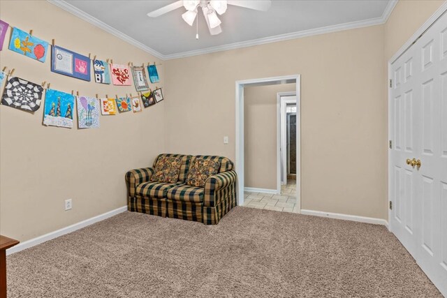 108 Haddington Park Ln, Dothan, AL 36305 - sitting room with light colored carpet, crown molding, and a ceiling fan