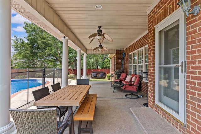 108 Haddington Park Ln, Dothan, AL 36305 - fenced backyard featuring a patio area, an outdoor living space, ceiling fan, and outdoor dining area