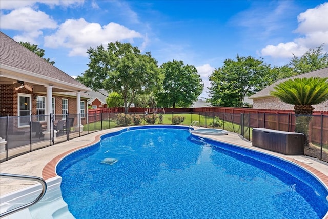 108 Haddington Park Ln, Dothan, AL 36305 - view of swimming pool featuring an in-ground hot tub, a fenced backyard, a patio, and a ceiling fan