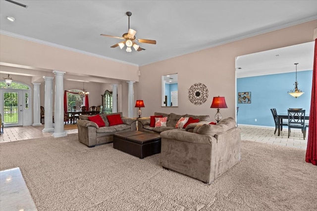 108 Haddington Park Ln, Dothan, AL 36305 - carpeted living area featuring decorative columns, ornamental molding, ceiling fan, and a chandelier