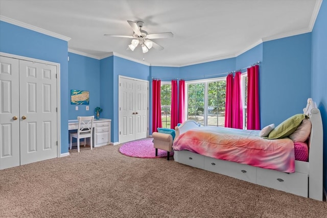 108 Haddington Park Ln, Dothan, AL 36305 - carpeted bedroom featuring multiple closets, crown molding, and a ceiling fan