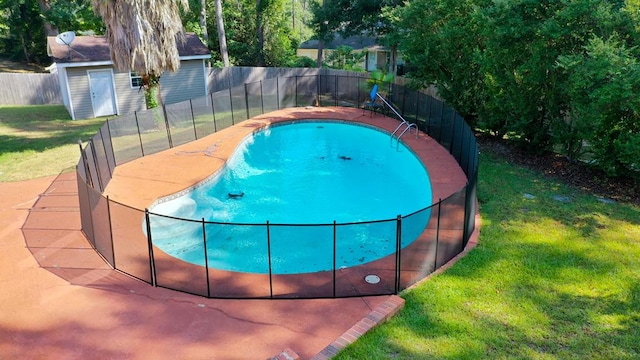 view of swimming pool featuring a storage shed and a yard