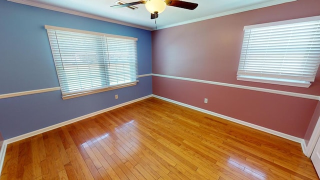 unfurnished room featuring crown molding, ceiling fan, and wood-type flooring