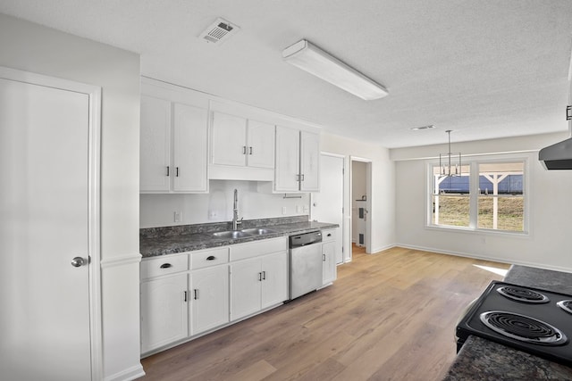 kitchen featuring pendant lighting, white cabinetry, dishwasher, sink, and black range with electric stovetop