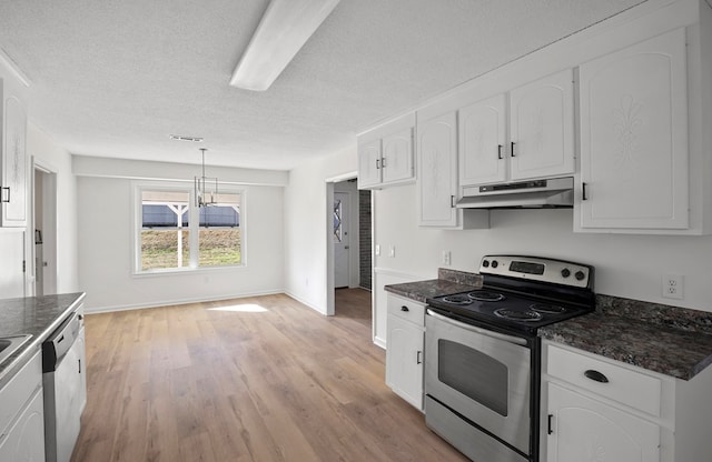 kitchen with white cabinetry, pendant lighting, light hardwood / wood-style floors, and appliances with stainless steel finishes