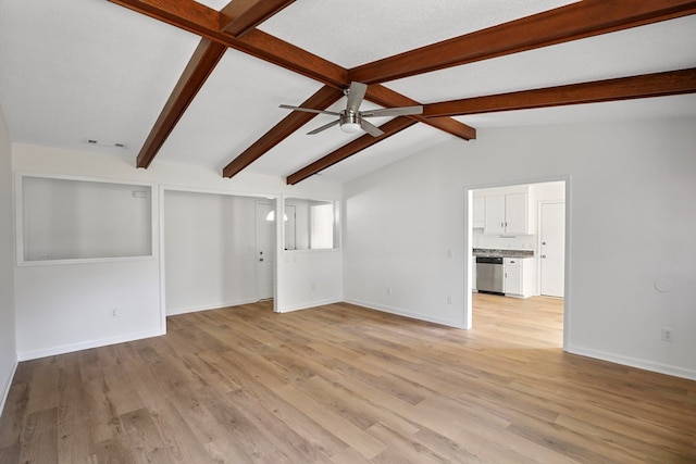 unfurnished living room with lofted ceiling with beams, light hardwood / wood-style floors, and ceiling fan