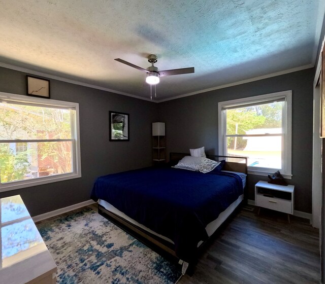 bedroom with multiple windows, ornamental molding, and dark hardwood / wood-style floors