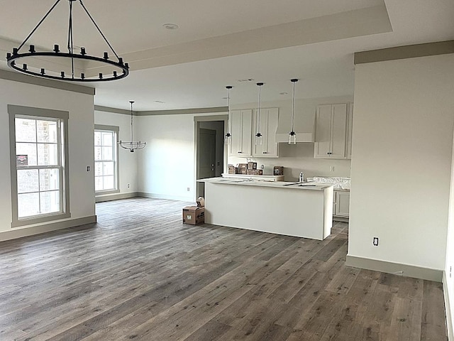 kitchen with dark wood finished floors, open floor plan, a kitchen island with sink, and white cabinetry